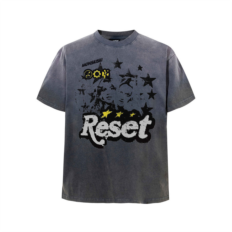 Tee-shirt graphique vintage délavé à l’acide – Imprimé étoiles Reset, coupe oversize