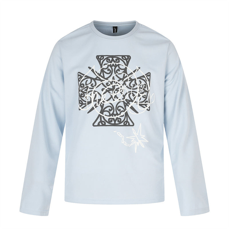 Front view of light blue long sleeve tee with black and white Celtic cross graphic print
