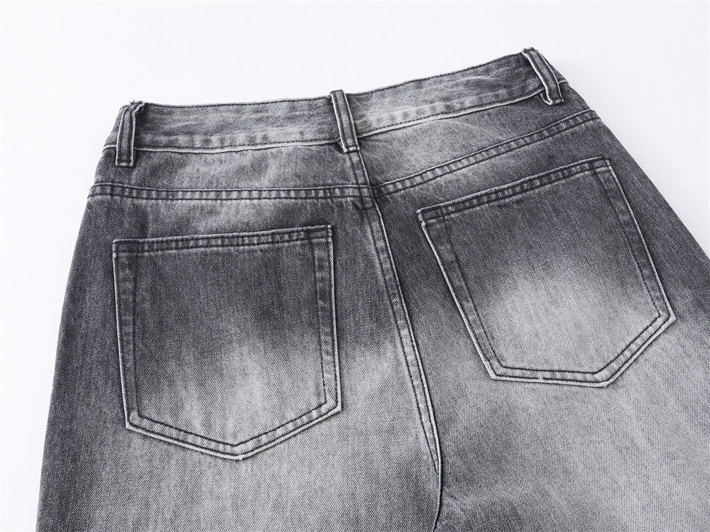 Wide-Leg Jeans Men's Washed Grey Vintage Distressed Baggy Denim Pants