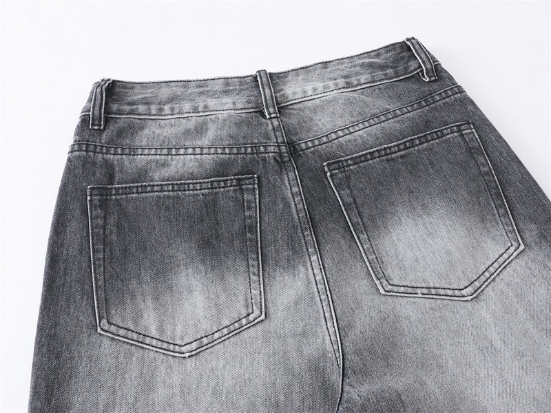 Wide-Leg Jeans Men's Washed Grey Vintage Distressed Baggy Denim Pants
