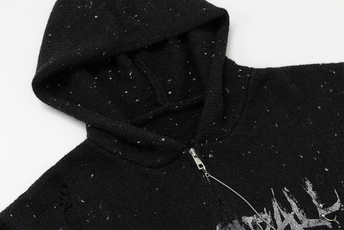 Dark Angel Wings Knit Zip-Up Hoodie – Distressed Black Sweater Hoodie