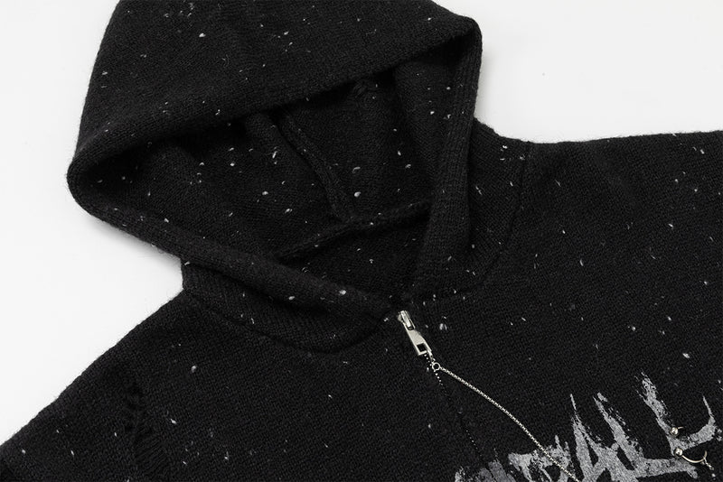 Dark Angel Wings Knit Zip-Up Hoodie – Distressed Black Sweater Hoodie