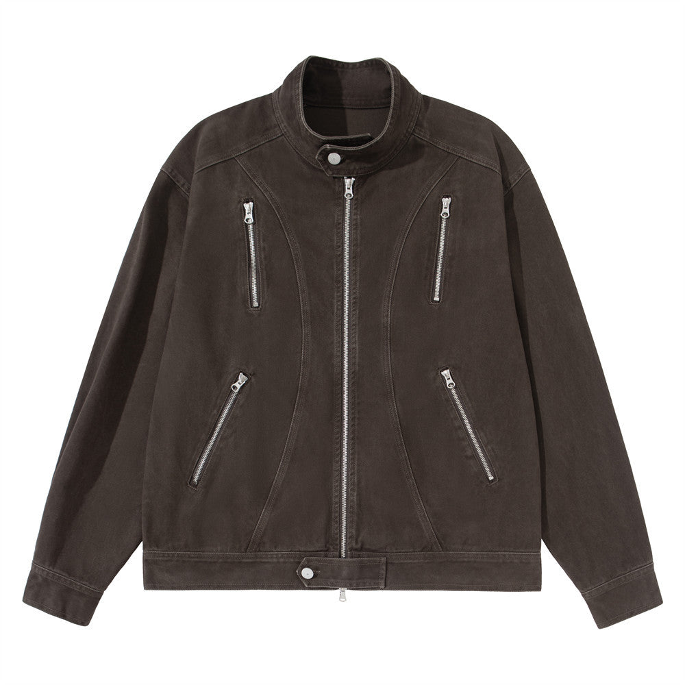 Men's dark brown washed denim jacket with stand collar and four silver zip pockets, front and back view