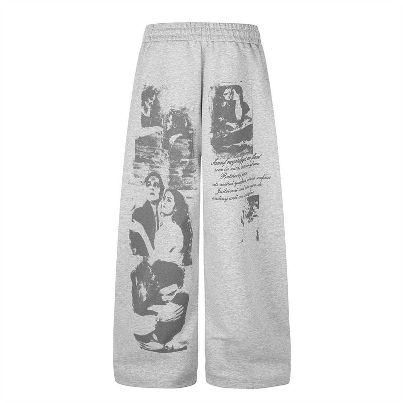Wide-Leg Sweatpants with Graffiti Script & Vintage Photo Print – Heather Grey