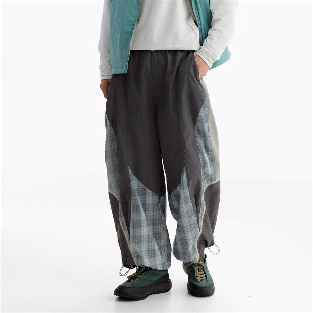 Men's Plaid Patchwork Baggy Pants – Windproof Water-Resistant Drawstring Ankle