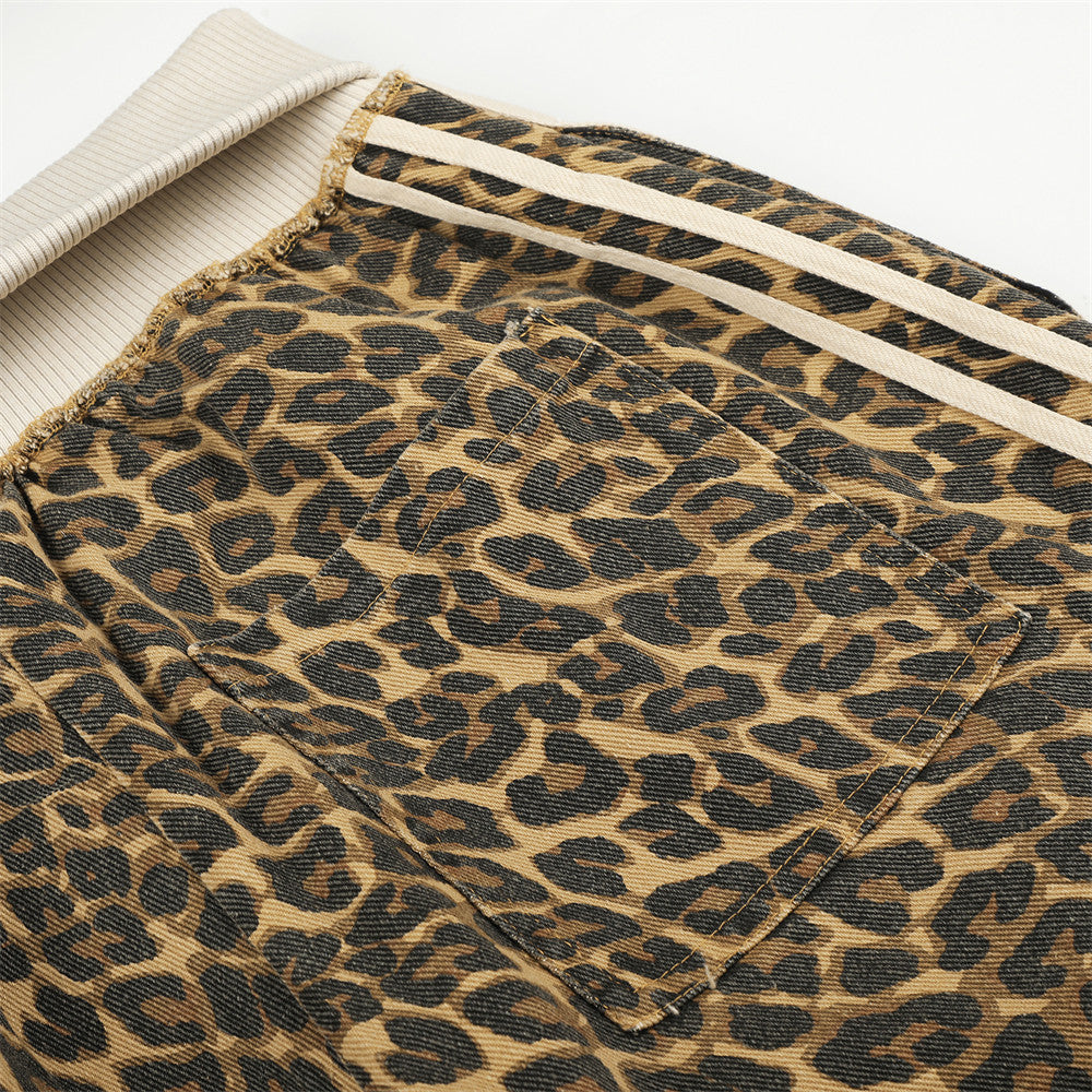 Leopard Print Wide-Leg Track Pants – Loose Fit Streetwear Sweatpants with Side