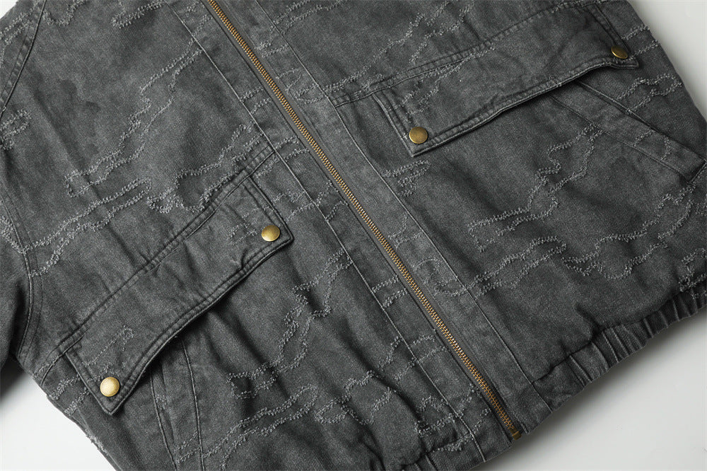 Gewaschene Denim-Pufferjacke mit Kapuze und Kunstfellbesatz – Used-Camo-Stitching
