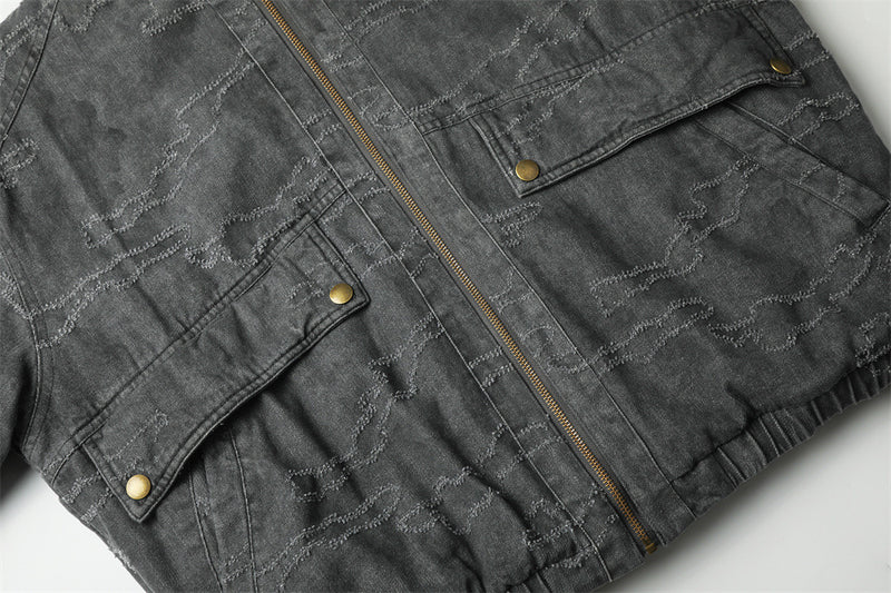 Gewaschene Denim-Pufferjacke mit Kapuze und Kunstfellbesatz – Used-Camo-Stitching