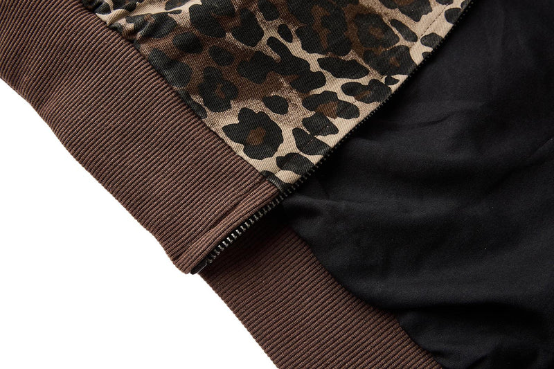 Leopard Print Track Jacket with Striped Sleeve Tape and Mock Neck Zip