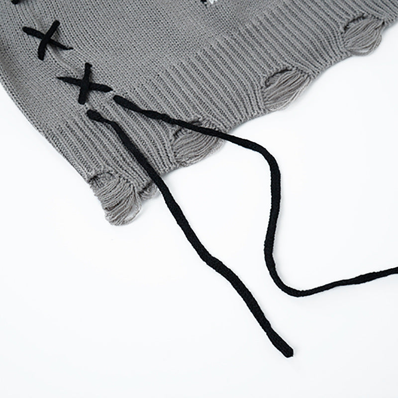 Pull en maille effet usé motif chat – Col rond oversize avec point de croix
