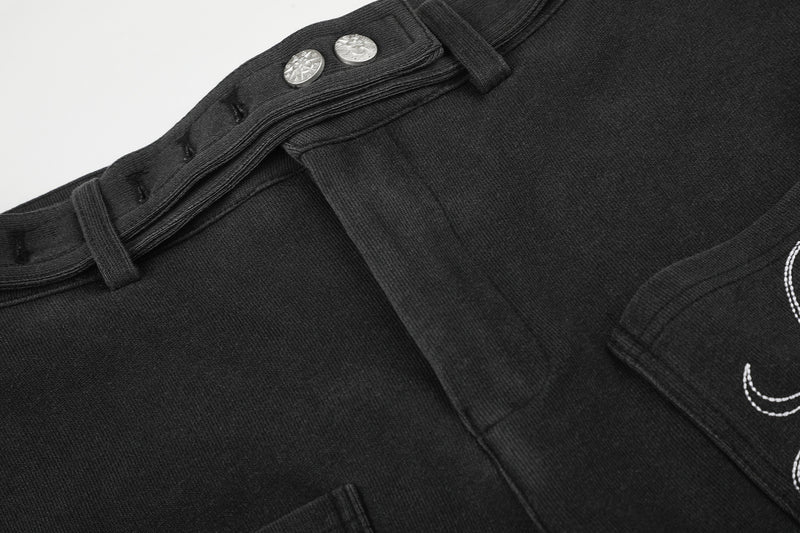 Pantalon habillé à jambes larges – Coupe baggy délavée avec poches brodées et ceinture croisée