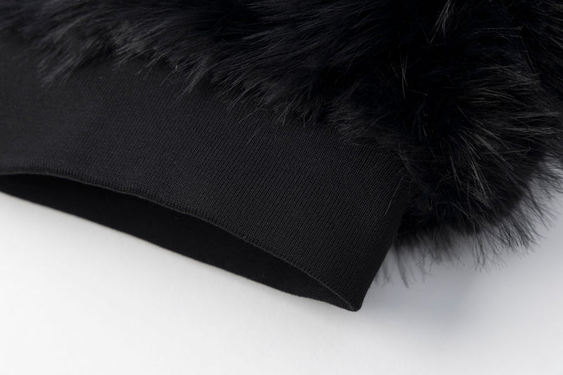 Faux Fur Hooded Bomber Jacket – Black with White Cross Patch