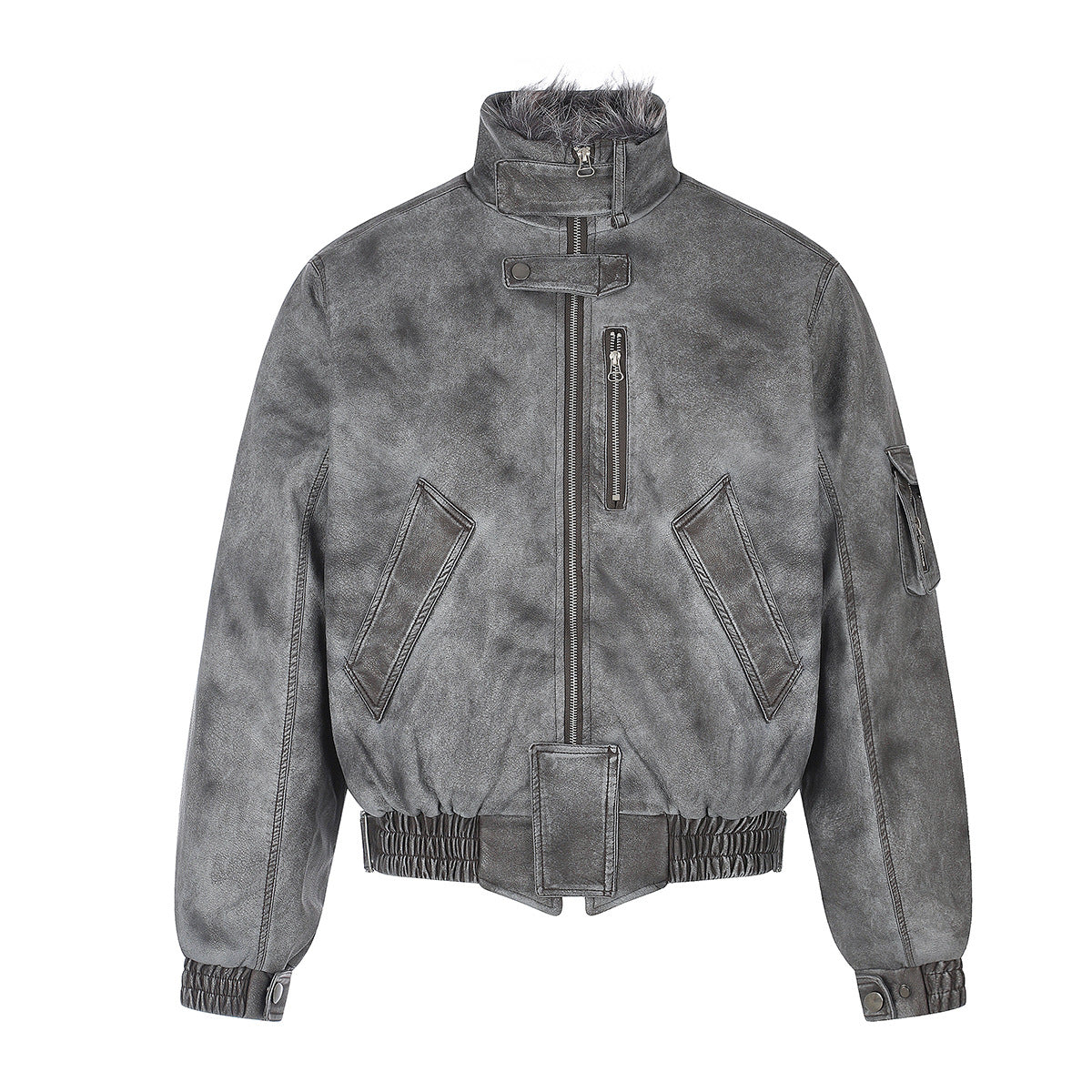 Vintage Washed Bomber Jacket with Faux Fur Collar — Oversized Padded Flight