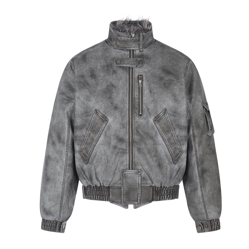 Vintage Washed Bomber Jacket with Faux Fur Collar — Oversized Padded Flight