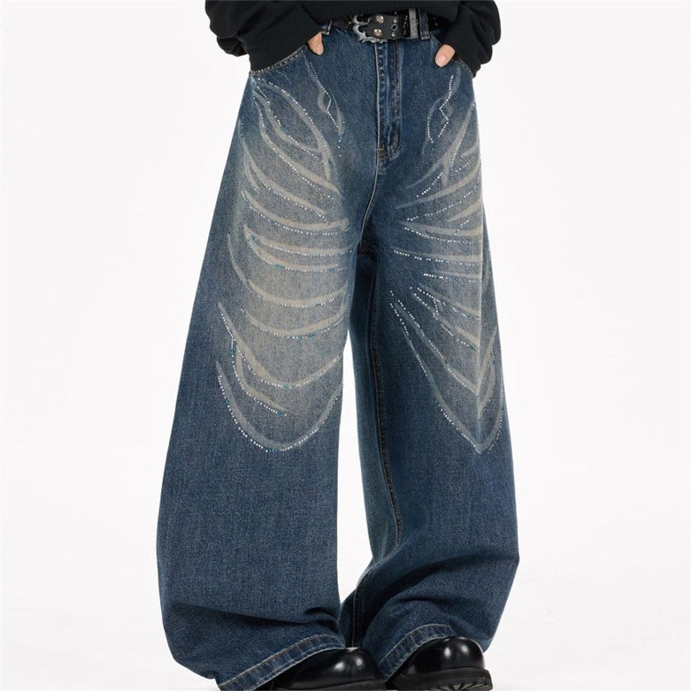 Men's Super Baggy Jeans – Rhinestone Wing Graphic Wide-Leg Denim, Washed Blue