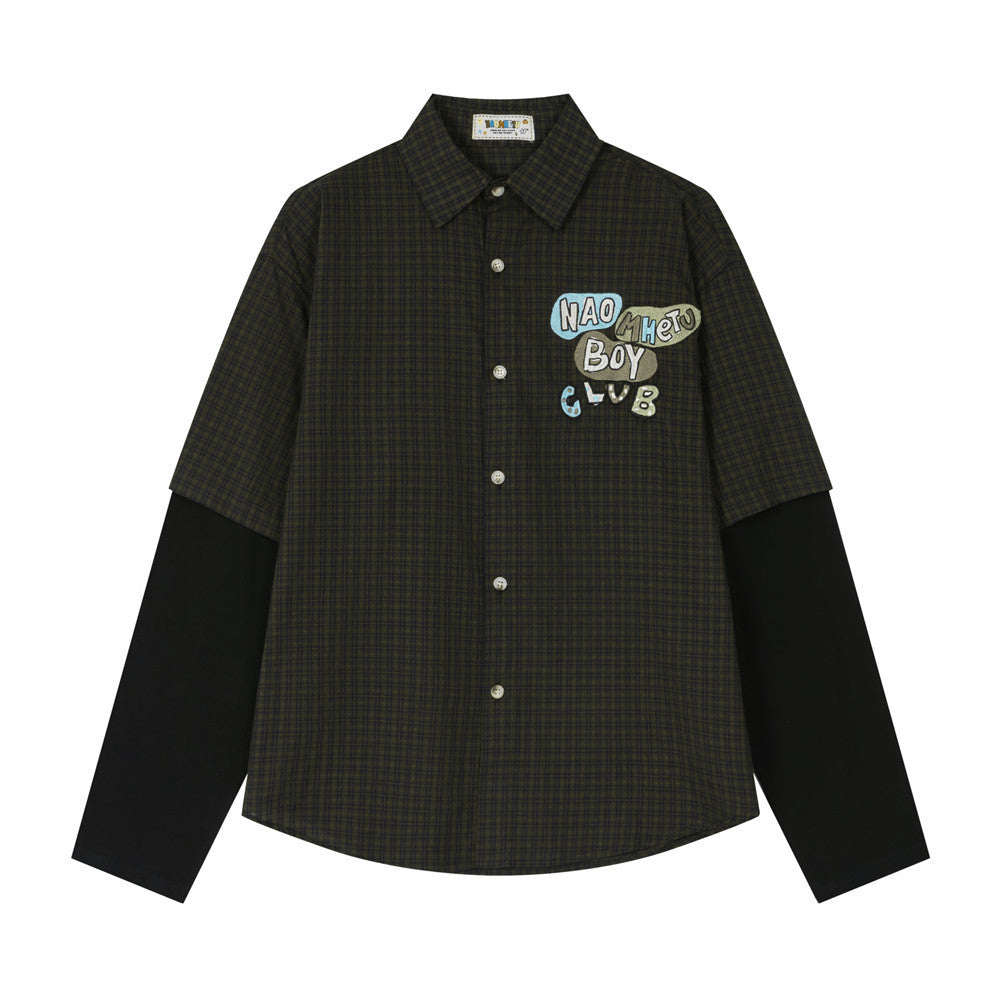 Oversized plaid faux two-piece long sleeve shirt with contrast knit sleeves and letter embroidery patch on left chest