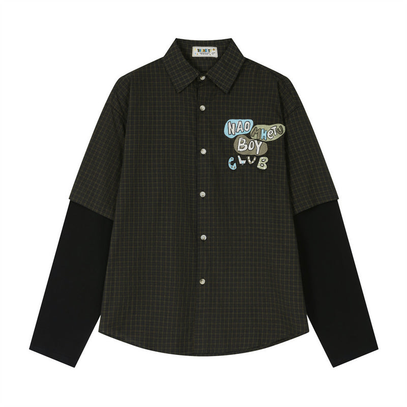 Oversized plaid faux two-piece long sleeve shirt with contrast knit sleeves and letter embroidery patch on left chest