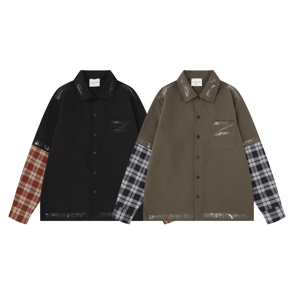 Plaid Splice Long Sleeve Shirt – Faux Two-Piece Brushstroke Detail, Relaxed Fit