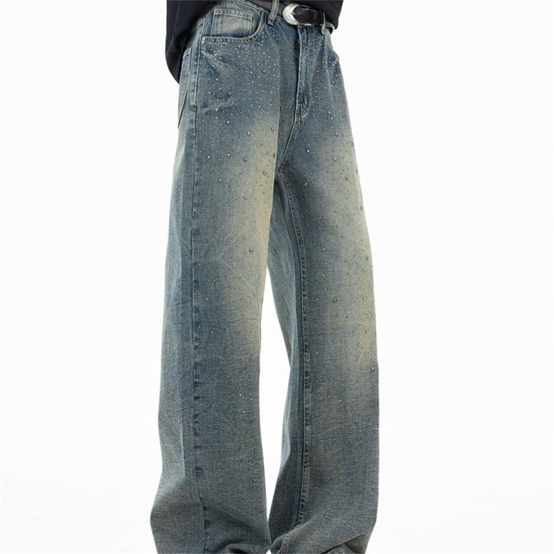 Wide-Leg Jeans Men – Vintage Wash Rhinestone Straight-Fit Denim