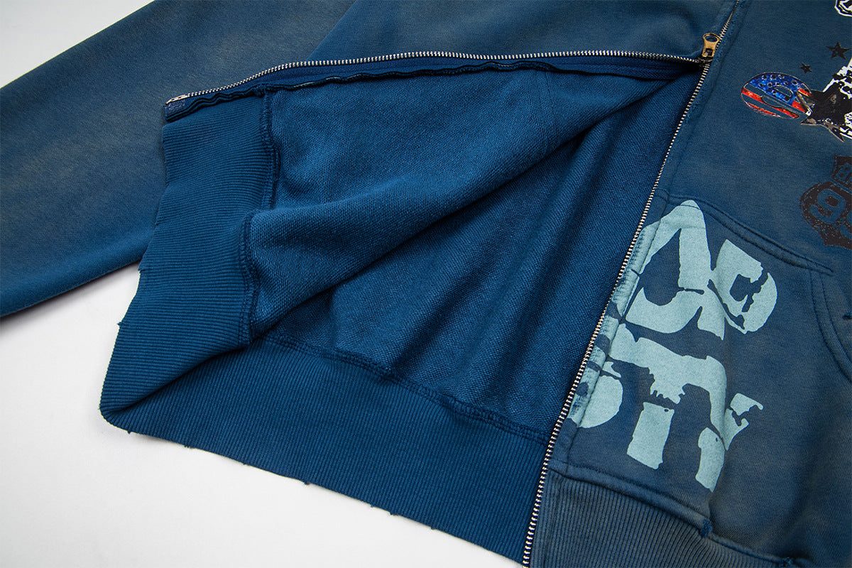 Hoodie zippé Drop Nasty délavé – Streetwear oversize à imprimé graffiti
