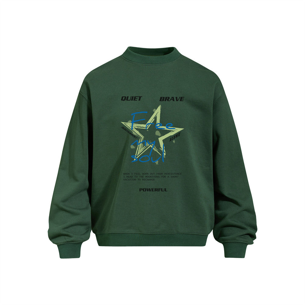 Oversized crewneck sweatshirt with large star and typography graphic print on chest, shown in forest green, charcoal gray, an
