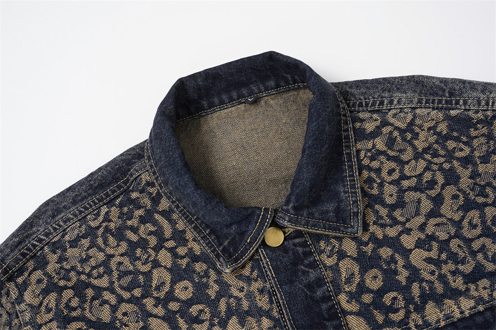 Veste en jean jacquard léopard – Trucker homme délavé à coupe décontractée