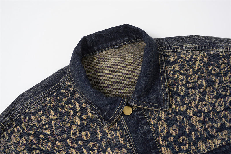 Veste en jean jacquard léopard – Trucker homme délavé à coupe décontractée