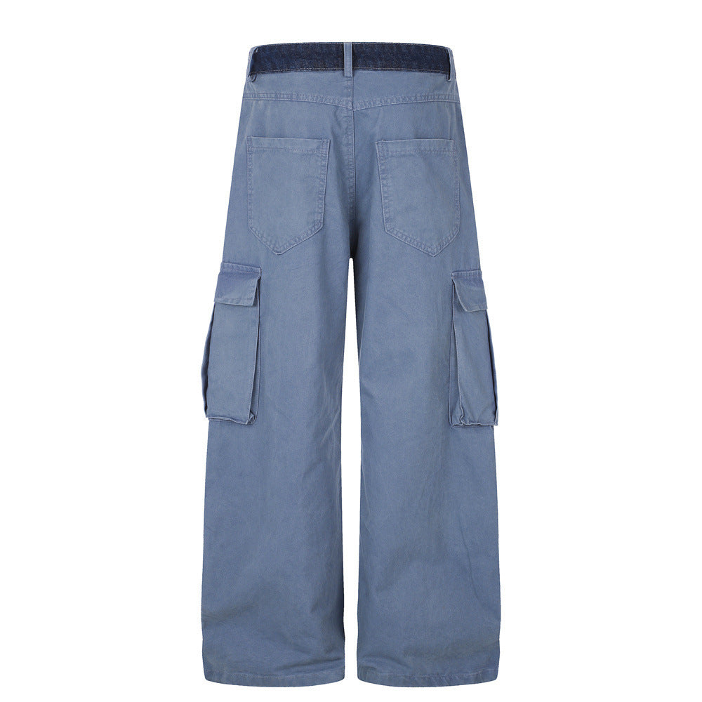 Herren-Cargohose in Khaki mit weitem, geradem Bein und kontrastierendem Denim-Bund
