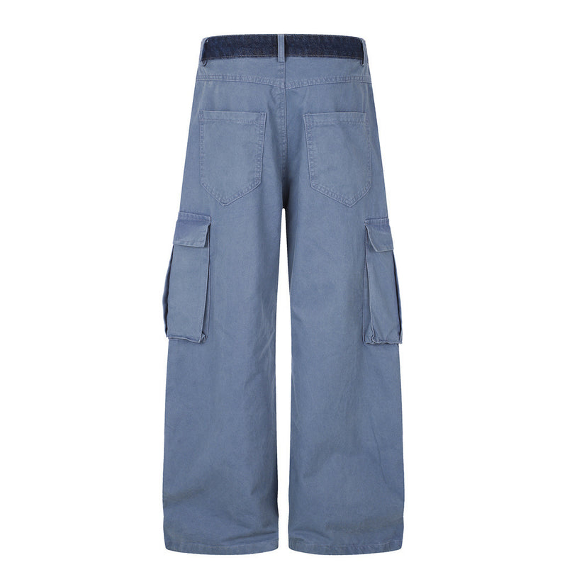 Herren-Cargohose in Khaki mit weitem, geradem Bein und kontrastierendem Denim-Bund