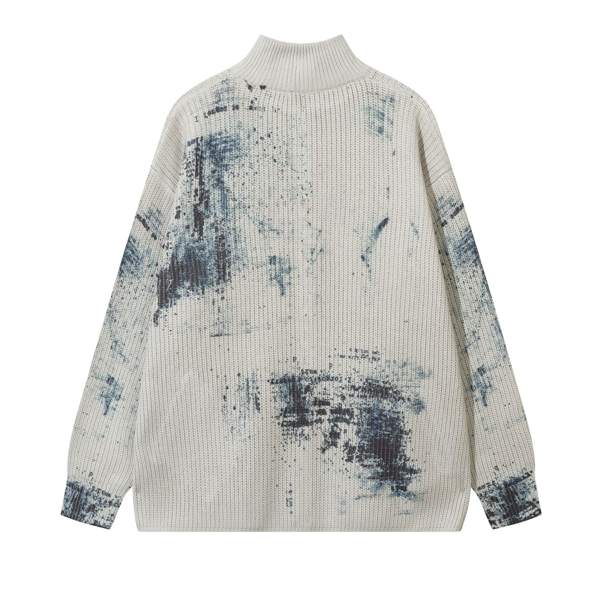 Veste pull zippée en maille imprimée ours graffiti – Col montant, éclaboussures d’encre, vintage