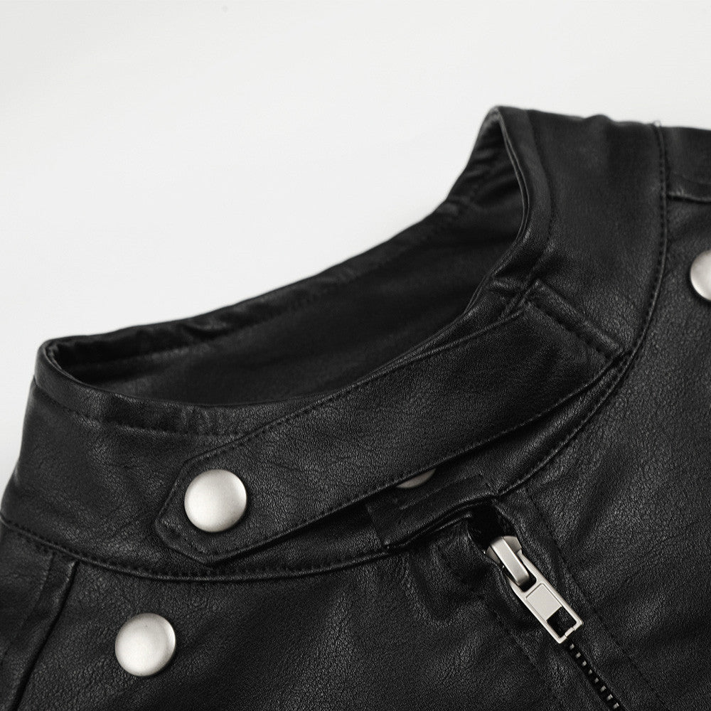 Men's Moto Leather Jacket – Double-Breasted Studded Stand Collar with Zip Cuffs