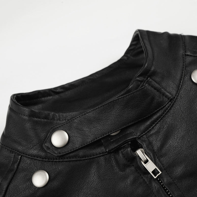Men's Moto Leather Jacket – Double-Breasted Studded Stand Collar with Zip Cuffs