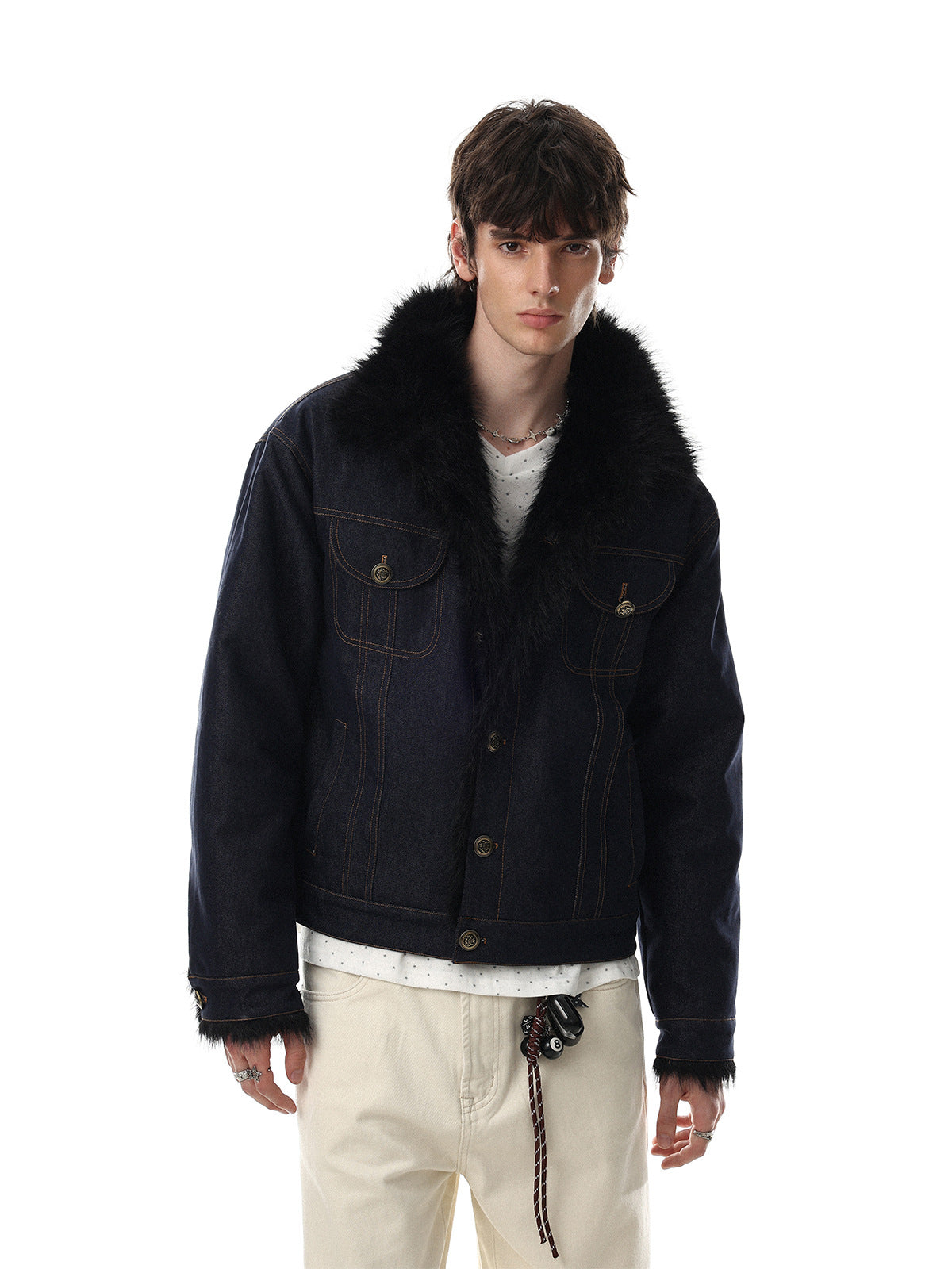 Dark indigo denim jacket with black faux fur collar, fleece lining, and antique brass buttons, front and back view