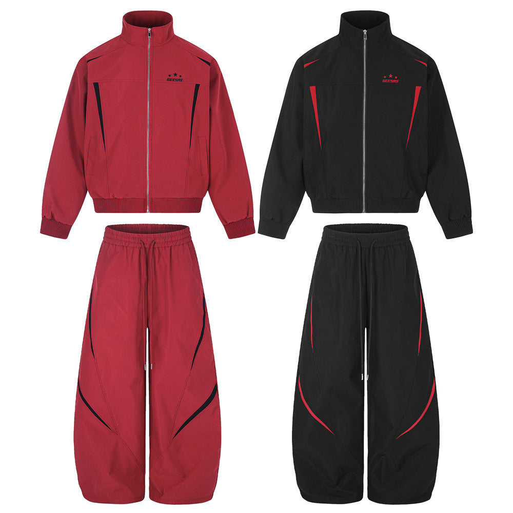 Men's Colorblock Track Jacket & Wide-Leg Pants Tracksuit Set with Mock Neck