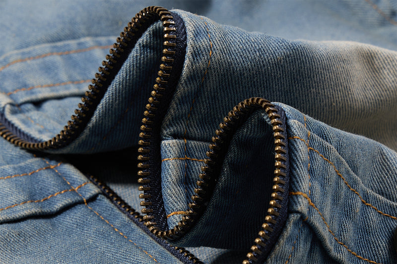 Military-Style Washed Denim Jacket – Stand Collar, Double-Breasted Button Detail