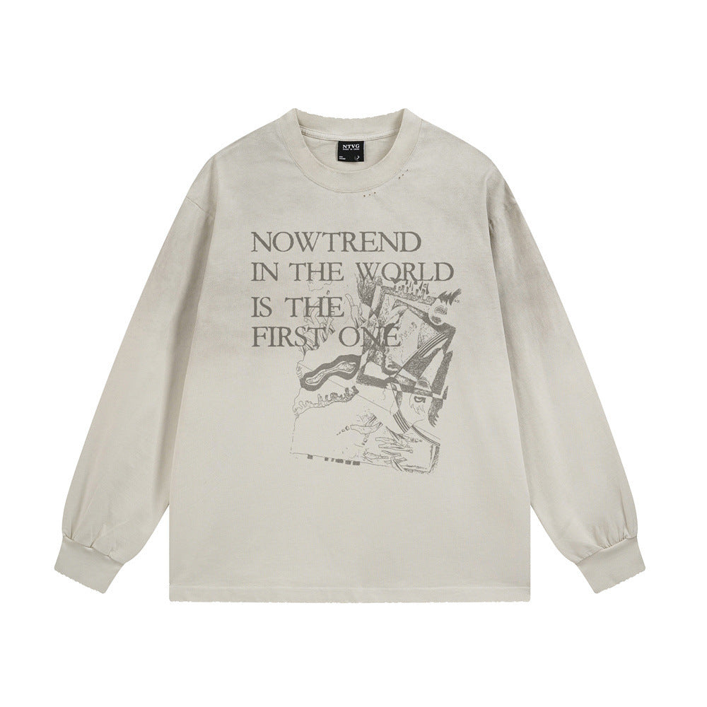 Oversized-Langarm-T-Shirt von NTVG mit abstraktem Grafikprint und verwaschener Used-Optik in Schwarz und Beige