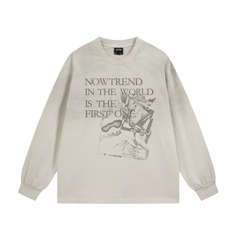 Oversized-Langarm-T-Shirt von NTVG mit abstraktem Grafikprint und verwaschener Used-Optik in Schwarz und Beige