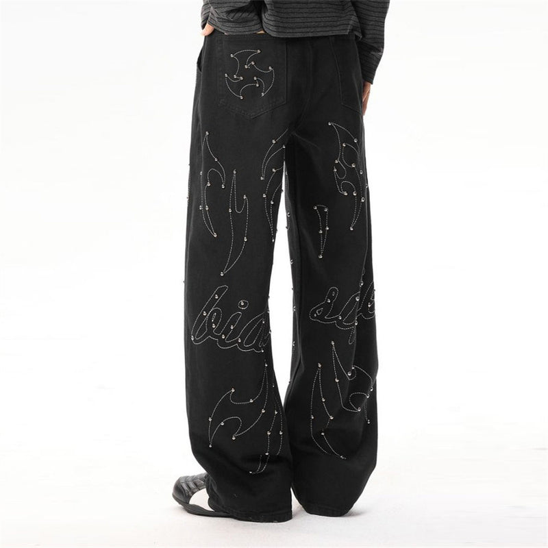 Schwarze Wide-Leg-Hose für Herren – Flammen- und Sternstickerei mit Nieten, gerade geschnitten