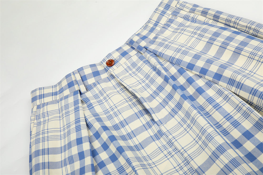 Wide-Leg Pleated Trousers in Blue Plaid Check