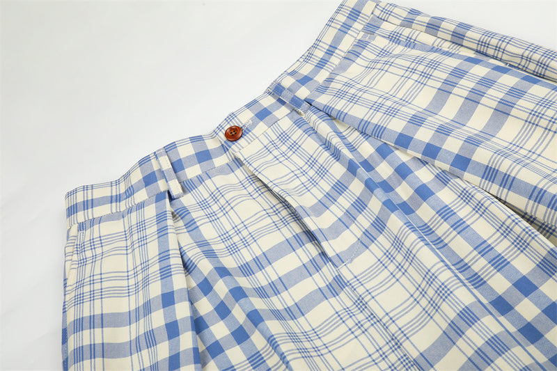 Wide-Leg Pleated Trousers in Blue Plaid Check