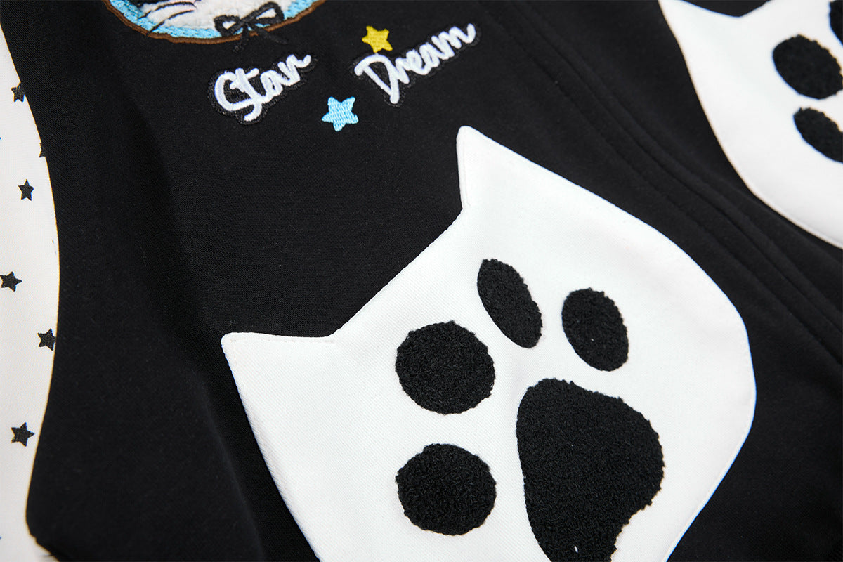Hoodie zippé à oreilles de chat avec manches raglan étoilées et poches-pattes