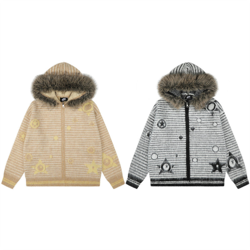 Striped Fur-Trim Zip-Up Knit Hoodie with Star & Circle Print
