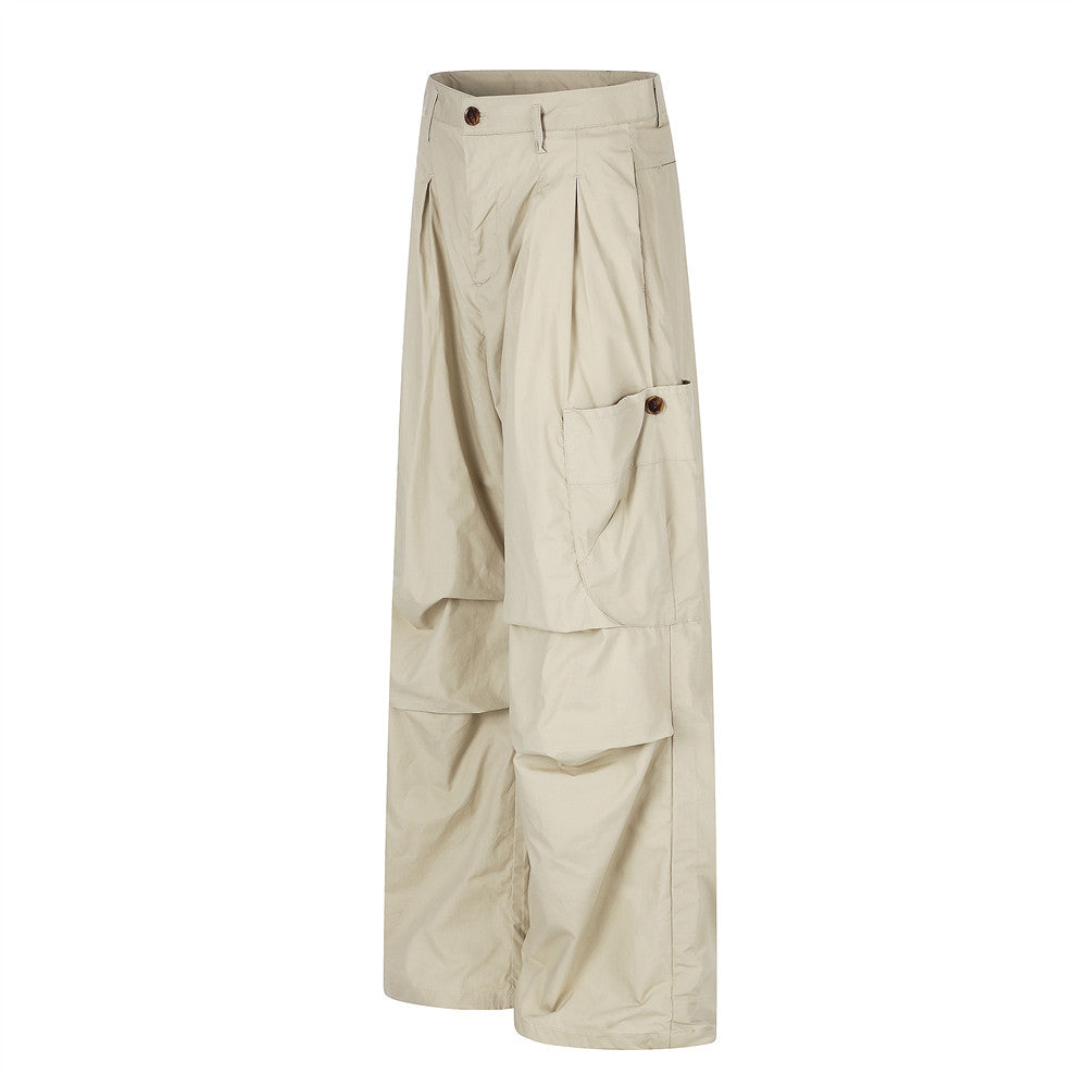 Wide-Leg Cargo Pants with Pleats and Large Side Pockets