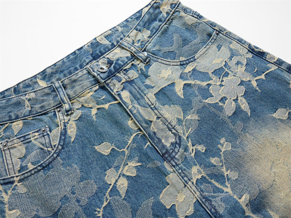 Floral Jacquard Wide-Leg Jeans – Vintage Washed Baggy Denim with Raised Flower