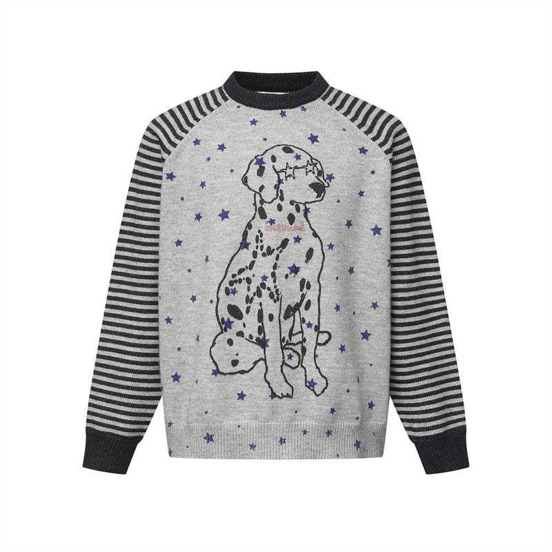 Dalmatian Star Print Crew Neck Sweater with Striped Raglan Sleeves