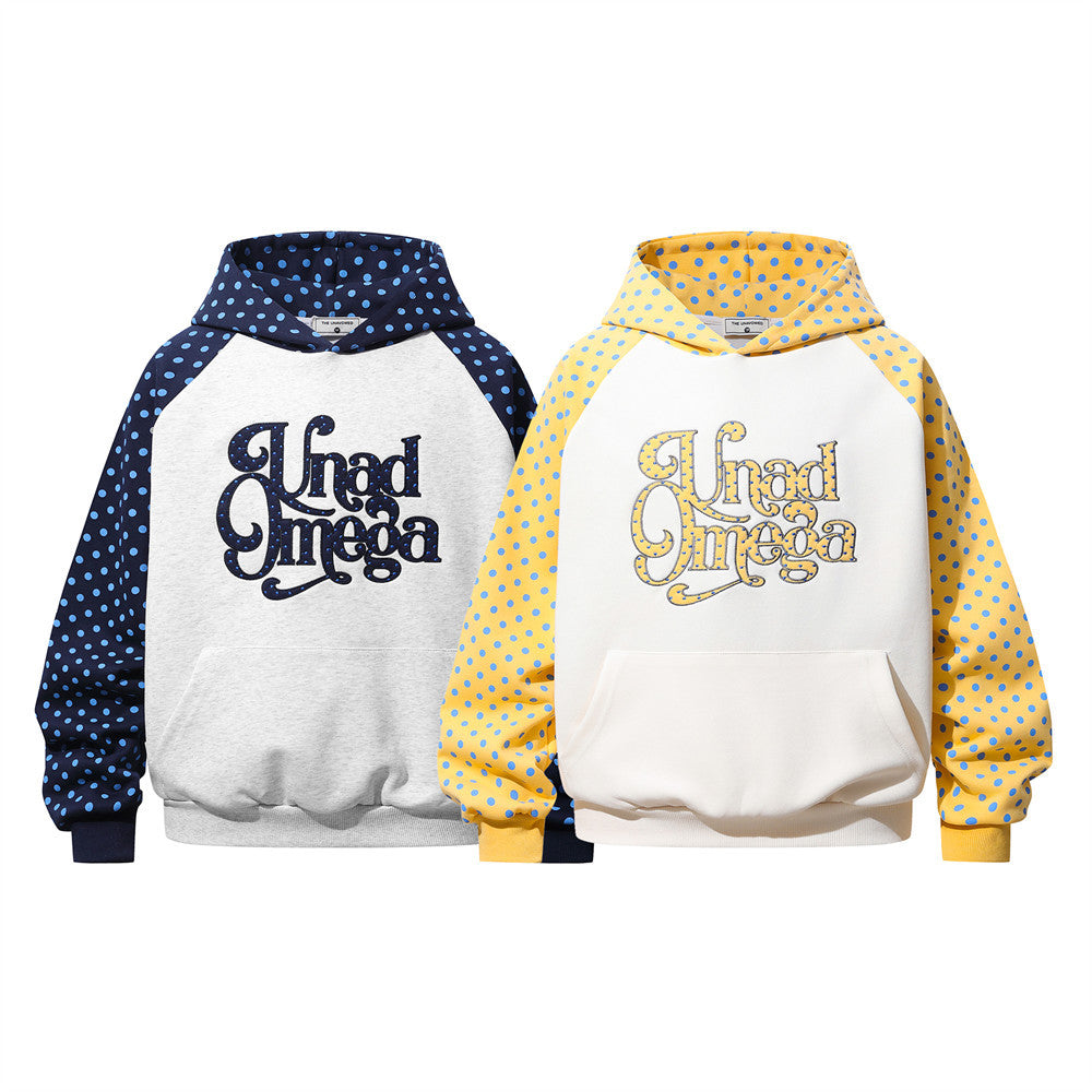 Sweat à capuche raglan colorblock à pois avec écusson brodé à lettrage