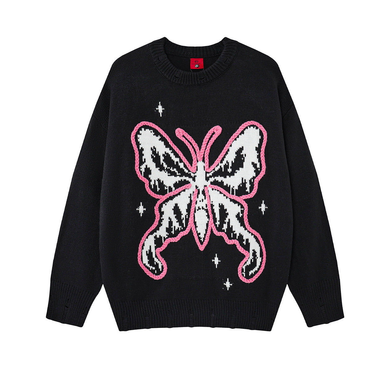 Pull oversize à col rond en maille, motif papillon jacquard et broderie corde rose, en noir et gris