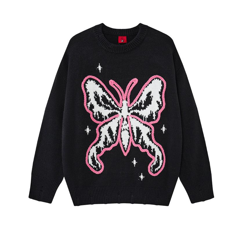 Pull oversize à col rond en maille, motif papillon jacquard et broderie corde rose, en noir et gris