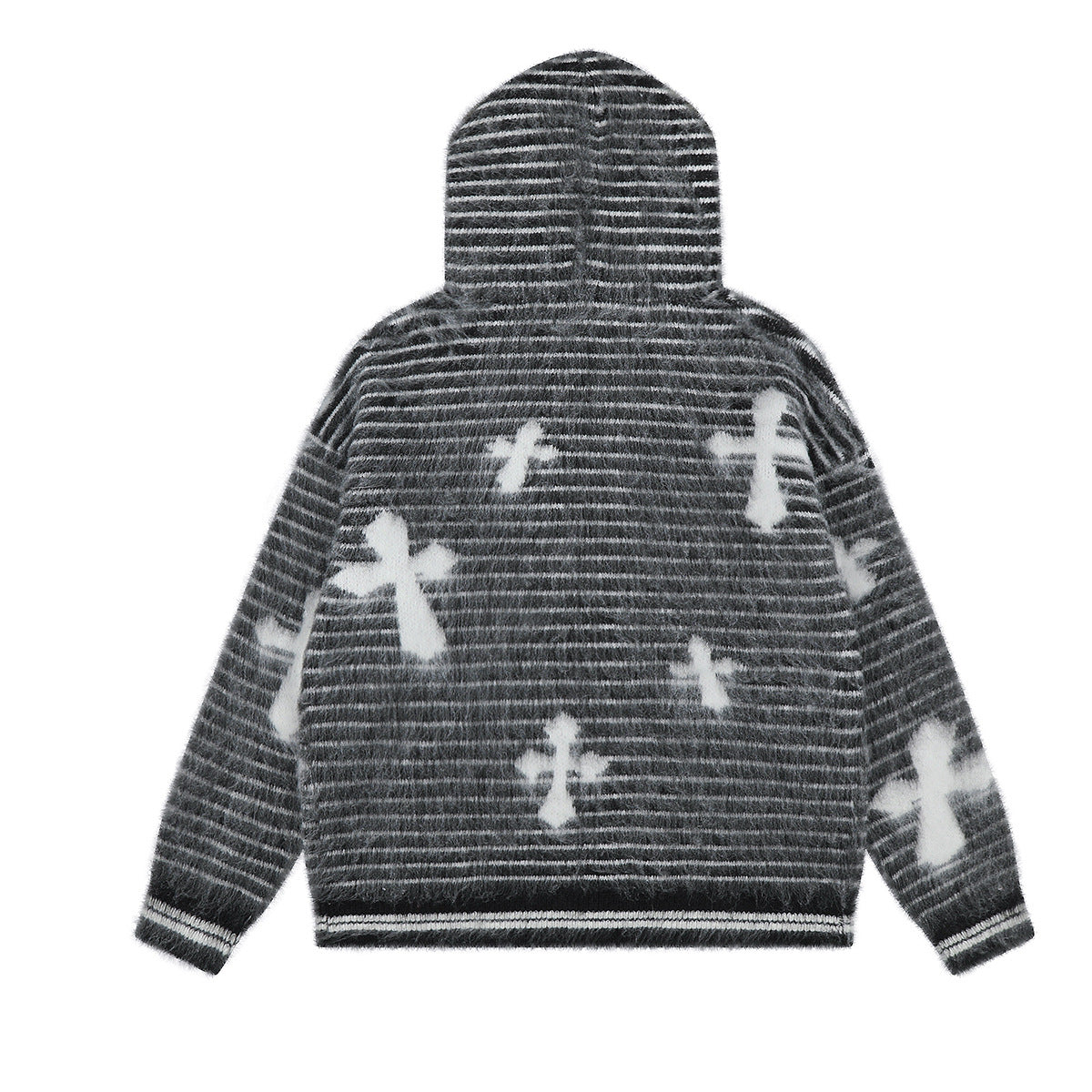 Cross Pattern Fur-Trim Hooded Knit Zip Cardigan Sweater