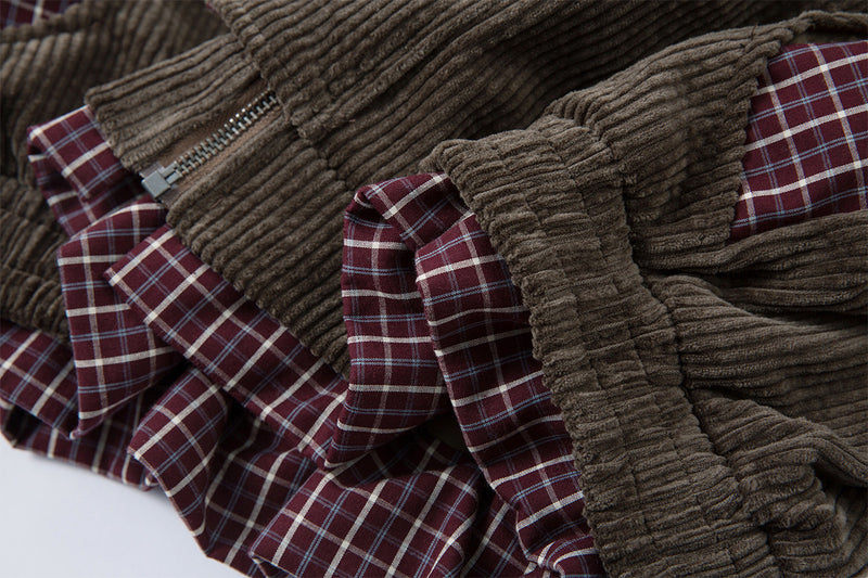 Corduroy Boxy Jacket with Plaid Contrast Lining – Retro American Style